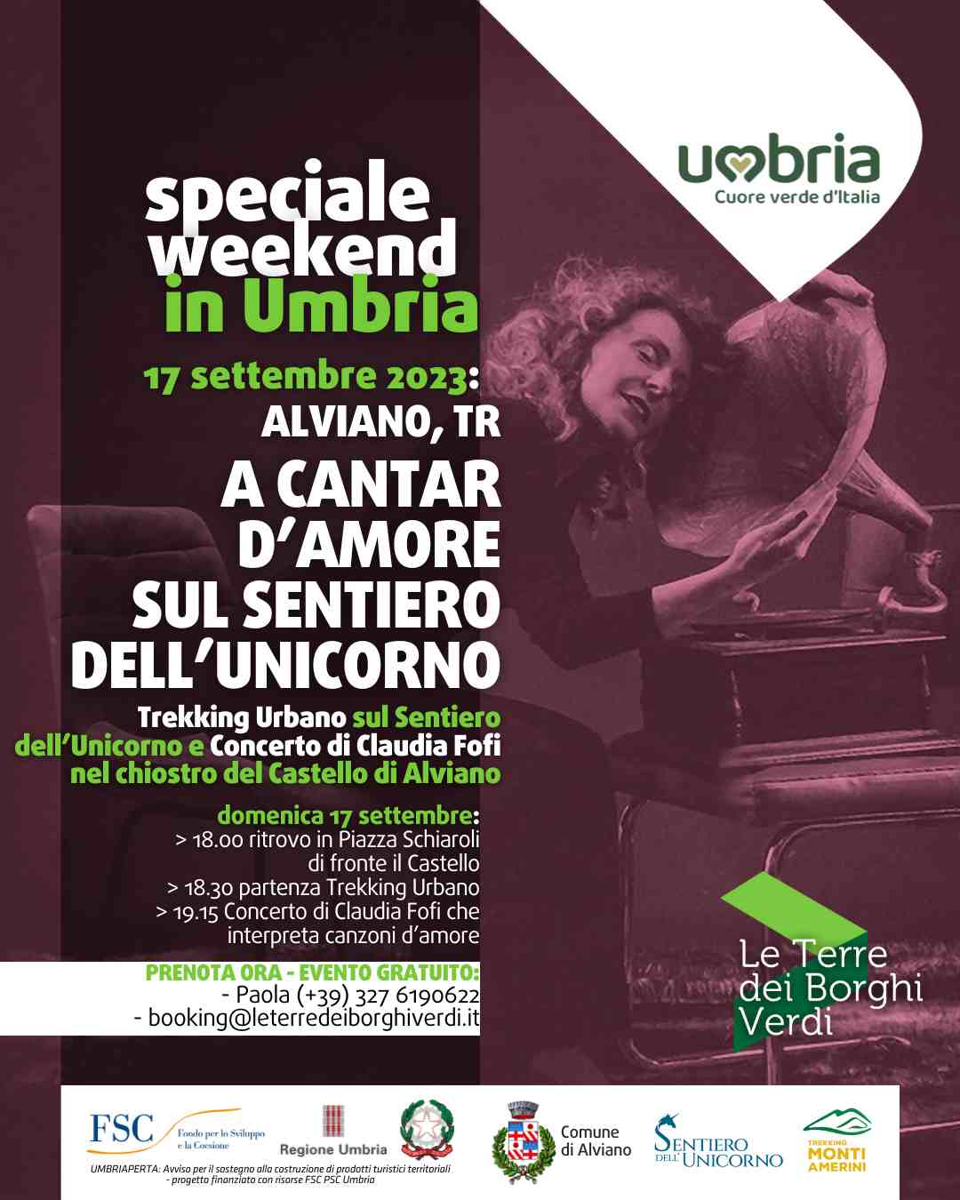 Locandina dell'evento del 17 settembre 2023 ad Alviano "A Cantar d'Amore sul Sentiero dell'Unicorno" con Claudia Fofi